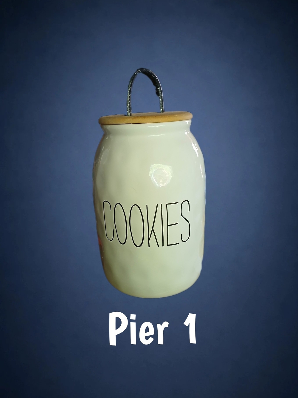 Pier 1 Cream Ceramic "Cookies" Jar with Wood Lid